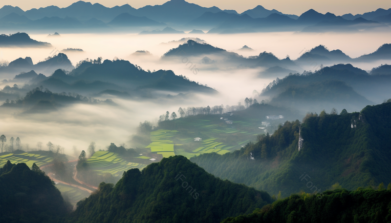 晨雾缭绕山间美丽的自然风景背景图,高清,摄影图,摄影图片,图片大全,摄影图免费下载